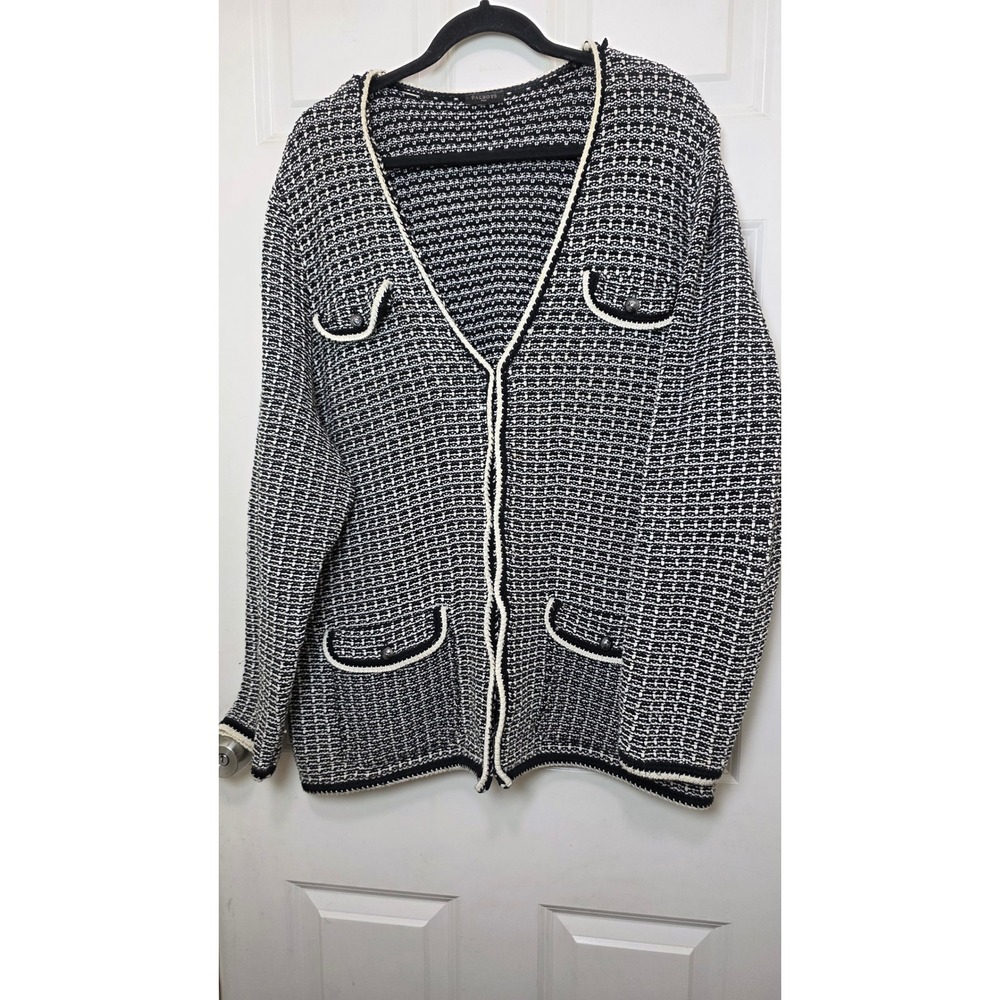 Talbots Plus Cardigan Womens 1X Black White Textured Knit V-Neck Sweater Pockets